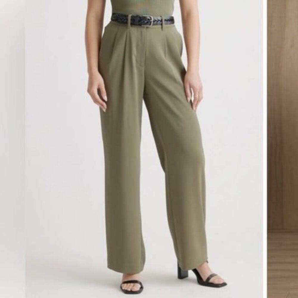 Quince Women’s Stretch Crepe Pleated Front Wide Leg Pants Olive Green Size XL